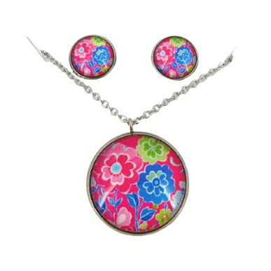 Stainless Steel Floral Printed Glass Necklace Stud Earrings Set (Pink)