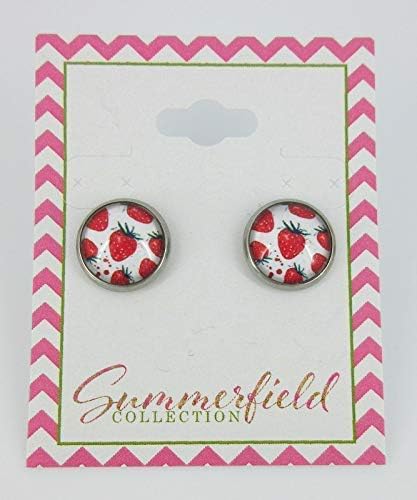 Summerfield Collection Stainless Steel Strawberry Printed Glass Stud Earrings 12mm
