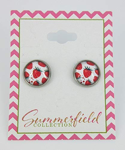 Stainless Steel Strawberry Printed Glass Stud Earrings 12mm