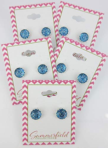 Silver-tone Blue Sparkle Glitter Glass Stud Earrings Hand-painted 10mm