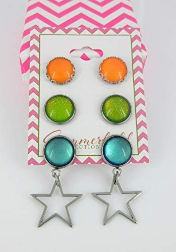 Stainless Steel Neon Tropical Summer Glass Stud and Star Dangle Trio Earrings Set