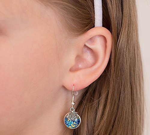Silver-tone Blue Yellow and Holographic Glitter Glass Fish Charm Dangle Earrings Hand-painted