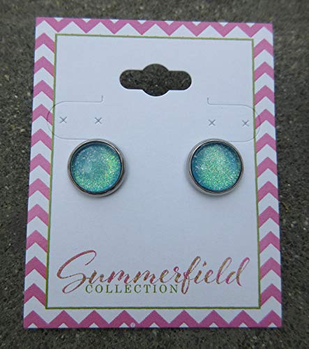 Stainless Steel Ocean Green Blue Glitter Glass Stud Earrings Hand-painted 10mm