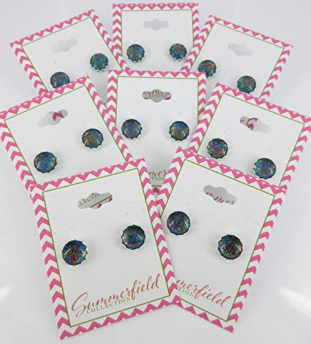 Silver-tone Aqua Blue and Rainbow Flake Glass Stud Earrings Hand-painted 10mm