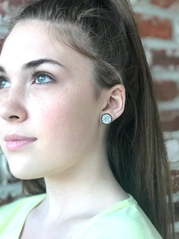 Summerfield Collection Trio Antiqued Gold-tone Stud Earrings 12mm Faux Druzy Stone Silver Metallic Blue Pink Set