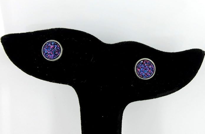 Stainless Steel Glitter Faux Druzy Stone Stud Earrings 8mm (Galaxy Blue Purple)