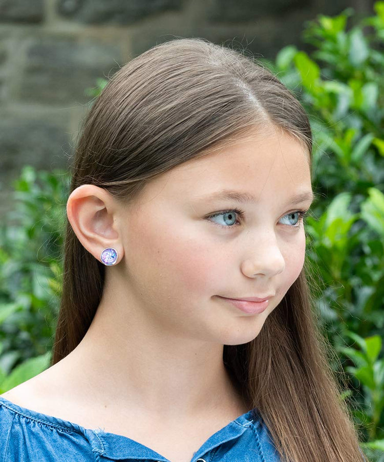 Silver-tone Purple Unicorn Mix Glitter Glass Stud Earrings Hand-painted 12mm