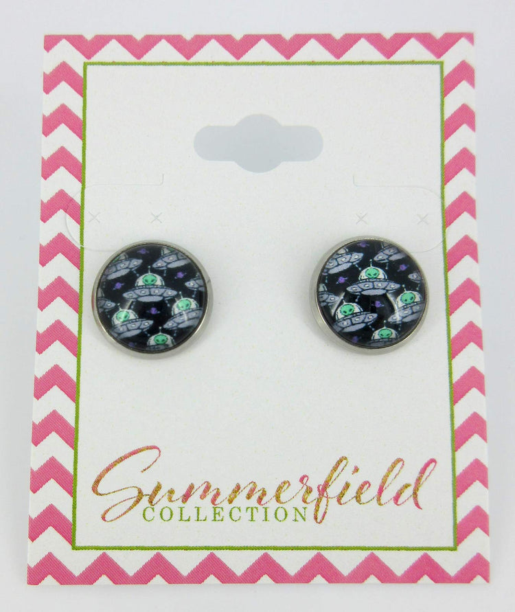Stainless Steel Neon Green Black Silver White Alien UFO Print Glass Stud Earrings 12mm