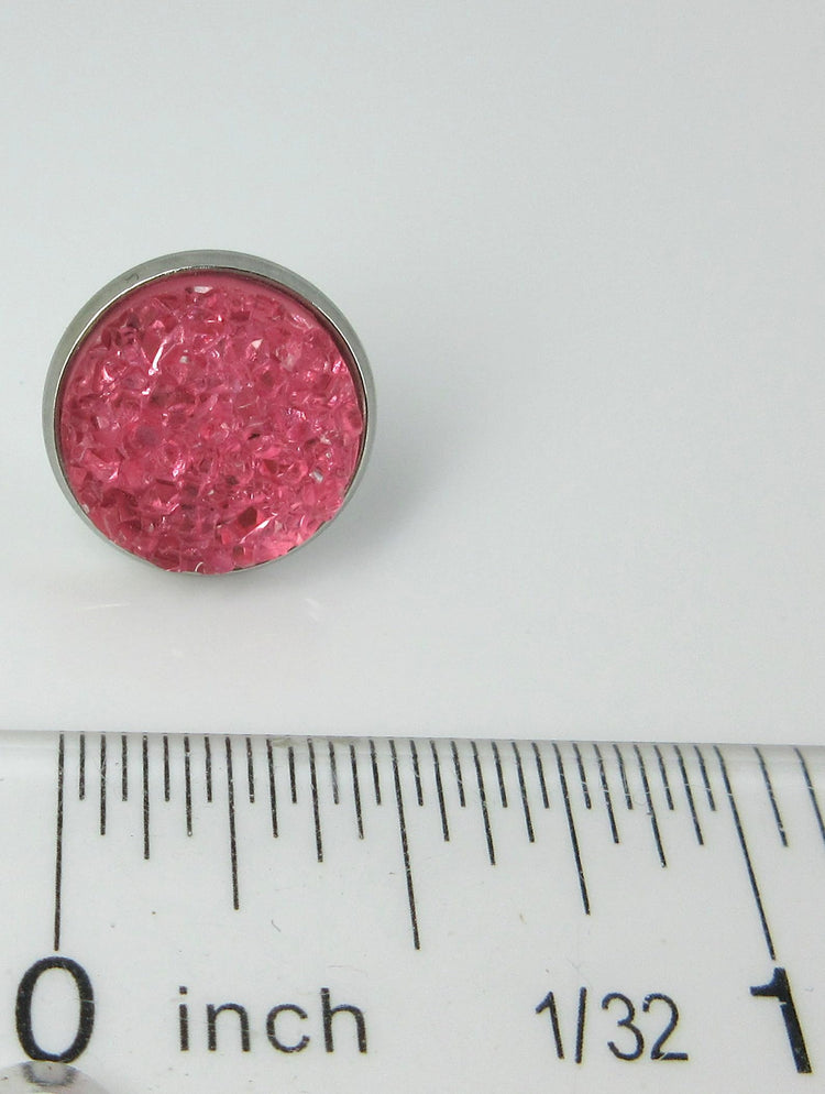 Duo Stud Earrings Stainless Steel Faux Druzy Stone 12mm Set (Pink/Gray)