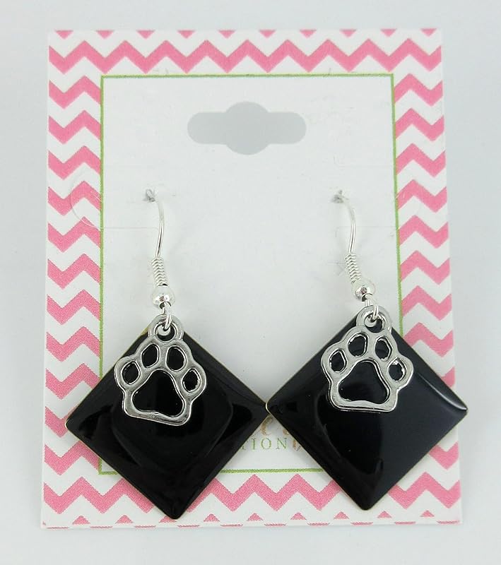 Summerfield Collection Silver-tone Paw Print Charm Enamel Dangle Earrings (Black)