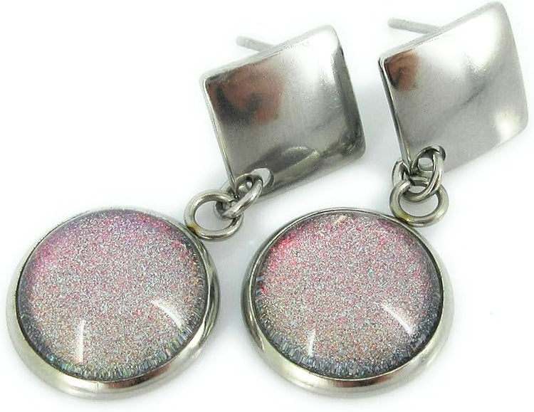 Summerfield Collection Stainless Steel Colorshifting Opalescent Pink Holographic Glitter Glass Post Drop Earrings Handpainted