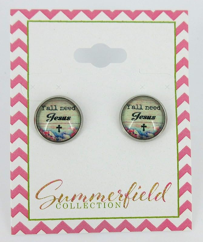 Summerfield Collection Stainless Steel Y'all need Jesus Print Glass Stud Earrings 12mm