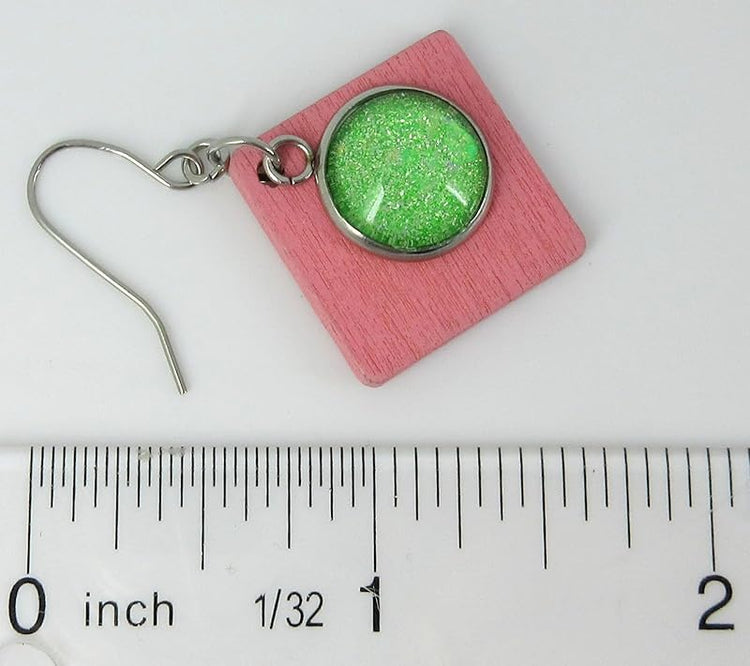 Summerfield Collection Stainless Steel Lime Green AB Glitter Glass Charm Pink Wood Square Dangle Earrings