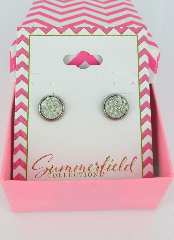 Summerfield Collection Stainless Steel Glitter Faux Druzy Stone Stud Earrings 8mm (White AB)