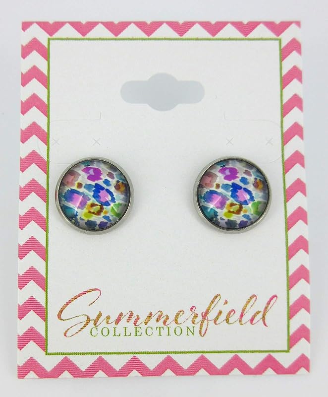 Summerfield Collection Stainless Steel Colorful Watercolor Animal Print Glass Stud Earrings 12mm