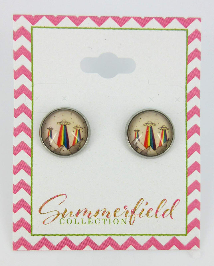 Stainless Steel Rainbow UFO Print Glass Stud Earrings 12mm