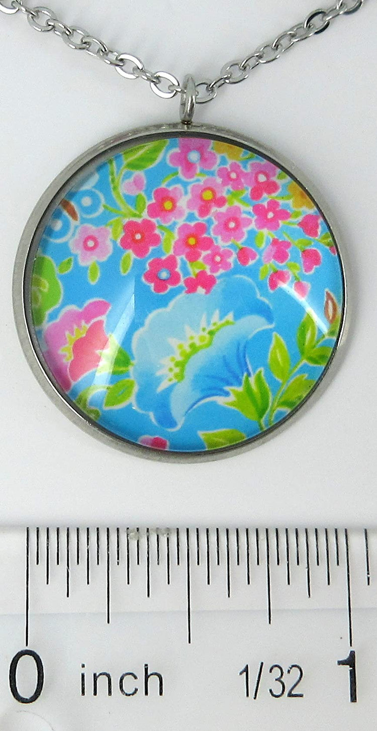 Stainless Steel Floral Printed Glass Necklace Stud Earrings Set