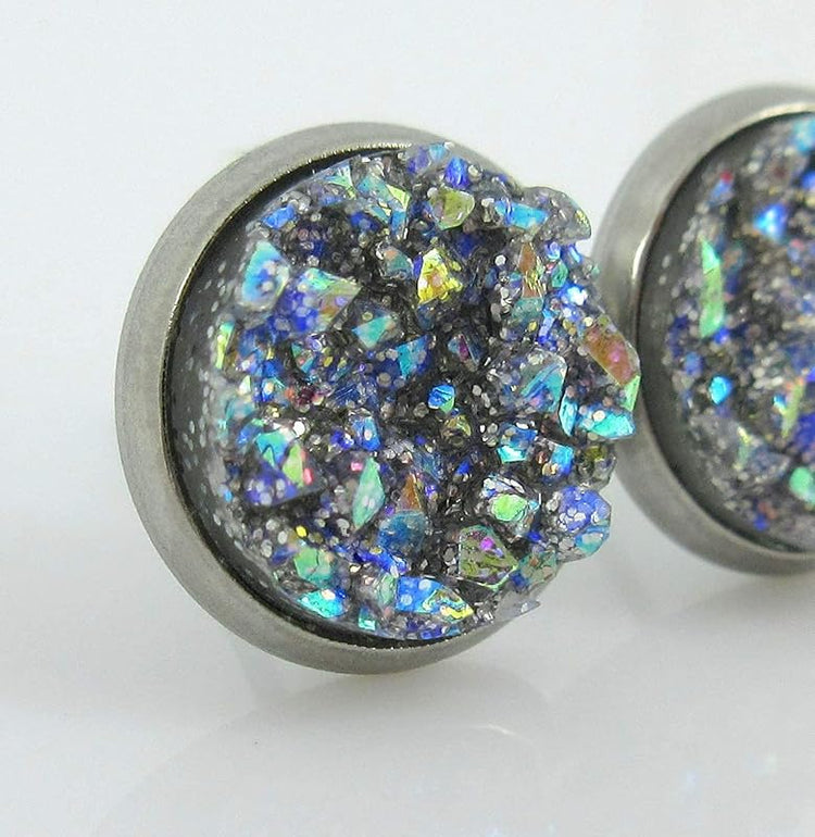 Summerfield Collection Stainless Steel Frost Blue Gray AB Glitter Faux Druzy Stone Stud Earrings (10mm)