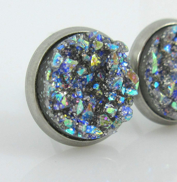 Stainless Steel Frost Blue Gray AB Glitter Faux Druzy Stone Stud Earrings 10mm