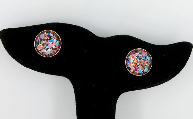 Summerfield Collection Rose Gold-tone Blue Pink Purple Glitter Glass Stud Earrings 12mm Hand-painted