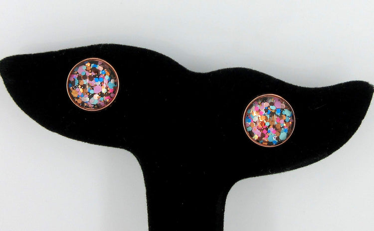 Rose Gold-tone Blue Pink Purple Glitter Glass Stud Earrings 12mm Hand-painted