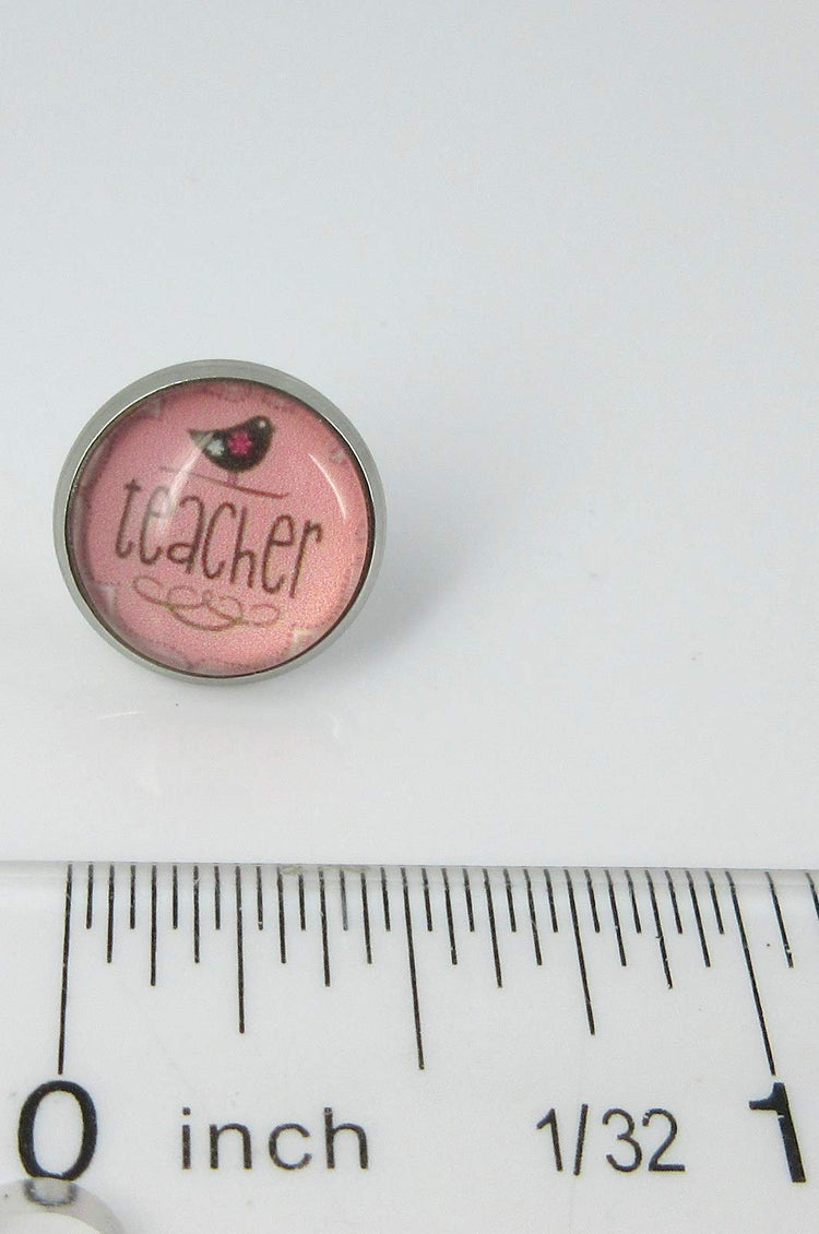 Stainless Steel Teacher Print Glass Stud Earrings 12mm (Teacher/Bird)