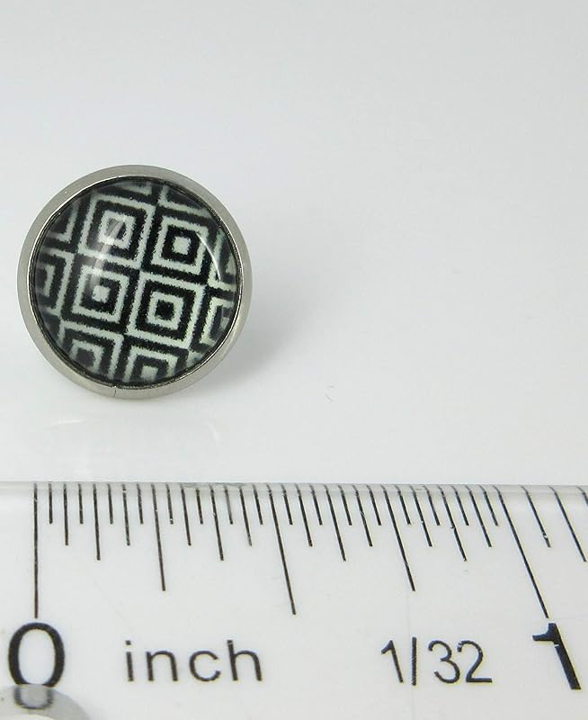 Summerfield Collection Stainless Steel Black and White Geometric Print Glass Stud Earrings 12mm