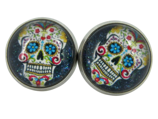 Stainless Steel Black Sugar Skull Printed Glass Stud Earrings 12mm