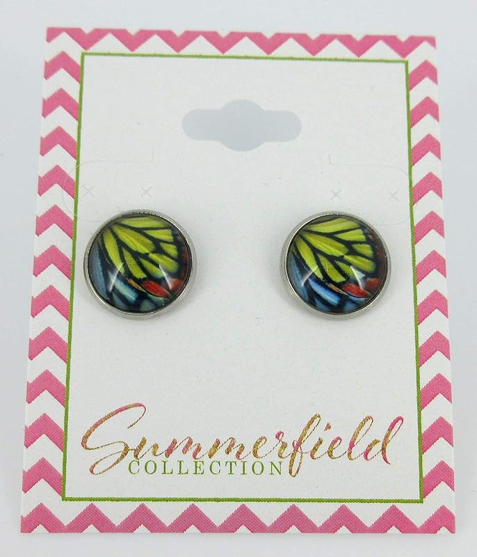 Summerfield Collection Stainless Steel Butterfly Wing Print Glass Stud Earrings 12mm (Yellow/Blue/Red)