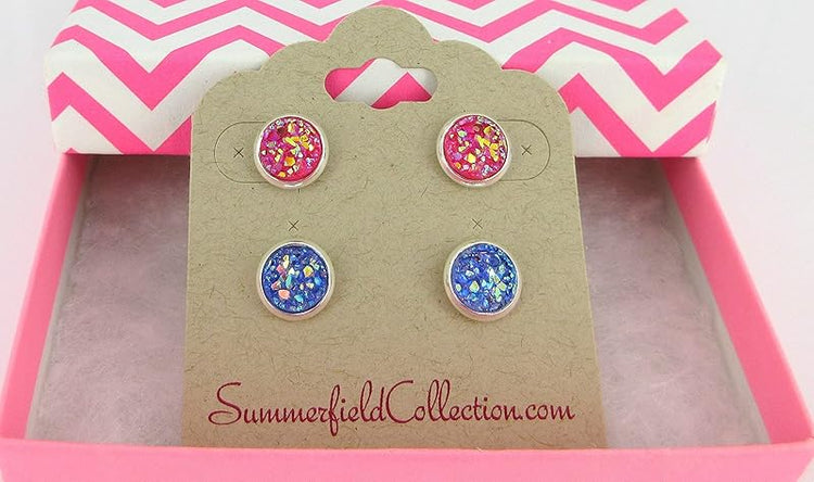 Summerfield Collection Duo Silver-tone Faux Druzy Stone Stud Earrings 8mm Set (Pink AB/Purple)