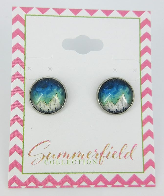 Summerfield Collection Stainless Steel Night Sky Snowy Mountain Print Glass Stud Earrings 12mm