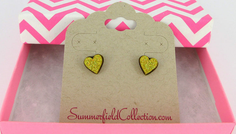 Stainless Steel Yellow Glitter Acrylic Heart Stud Earrings 8mm