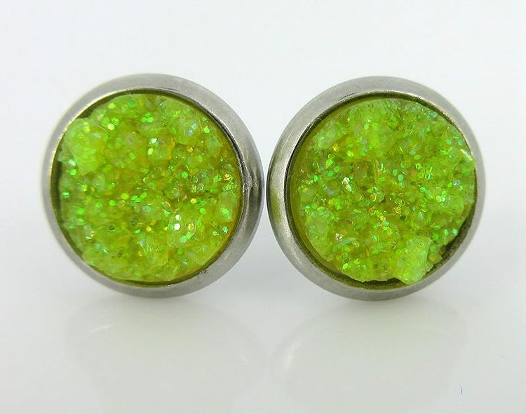 Summerfield Collection Stainless Steel Neon Pink Orange Yellow Green Faux Druzy Glitter Stone Stud Earrings Set (8mm)