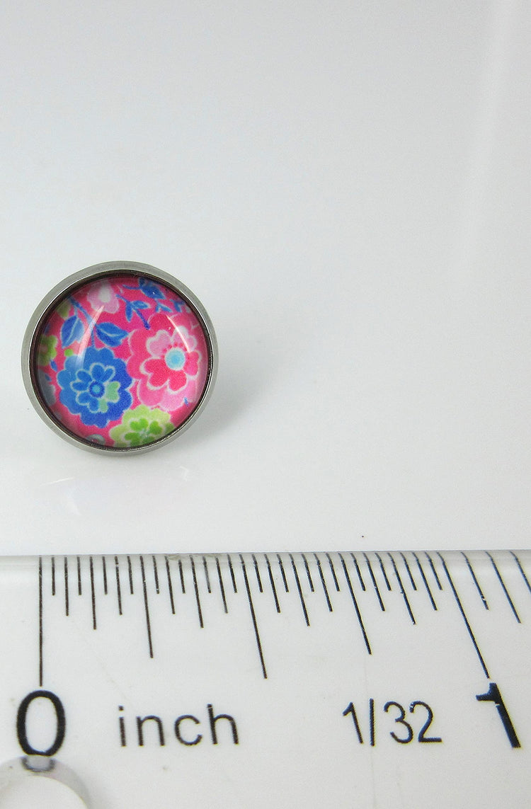 Stainless Steel Floral Printed Glass Necklace Stud Earrings Set (Pink)