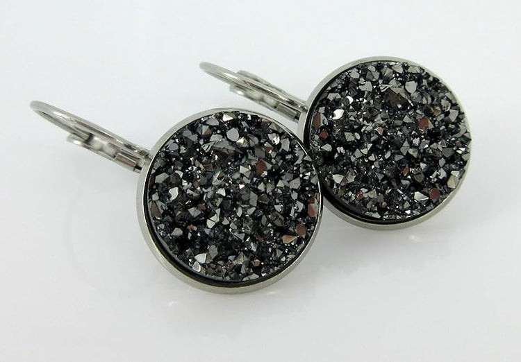 Summerfield Collection Stainless Steel Faux Druzy Stone Lever-back Drop Earrings 14mm (Gunmetal Gray)