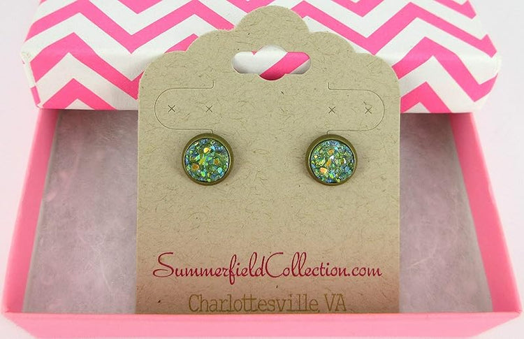 Summerfield Collection Antiqued Gold-tone Pear Green AB Faux Druzy Stone Stud Earrings 8mm