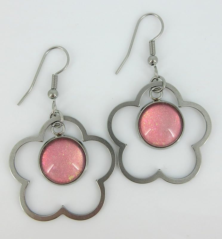 Summerfield Collection Stainless Steel Pink and Iridescent Glitter Flake Glass Flower Charm Dangle Earrings Handpainted