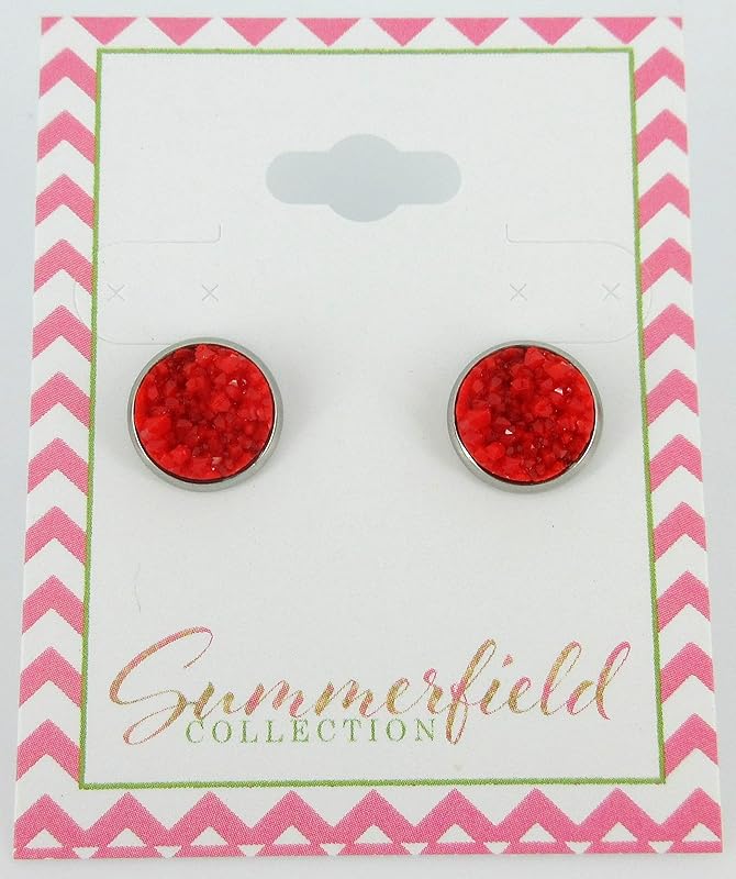 Summerfield Collection Stainless Steel Matte Faux Druzy Stone Stud Earrings 10mm (Classic Red)