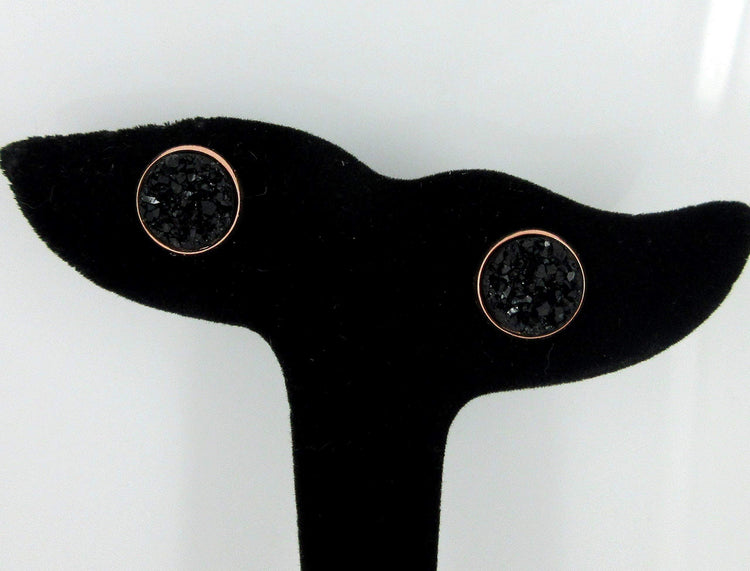 Rose Gold-tone Faux Druzy Stone Stud Earrings 12mm (Black)