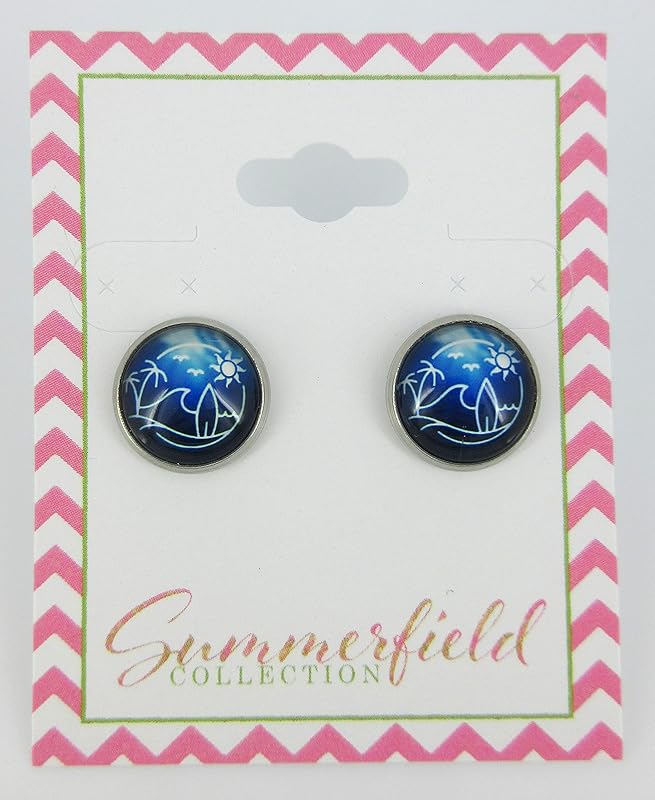 Summerfield Collection Stainless Steel Blue Surf Scene Ocean Waves Palm Trees Sun Print Glass Stud Earrings 12mm
