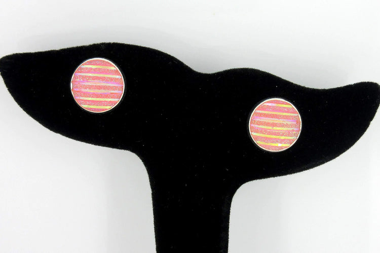 Silver-tone Frosted Metallic Stripe Stud Earrings 12mm (Light Pink AB)