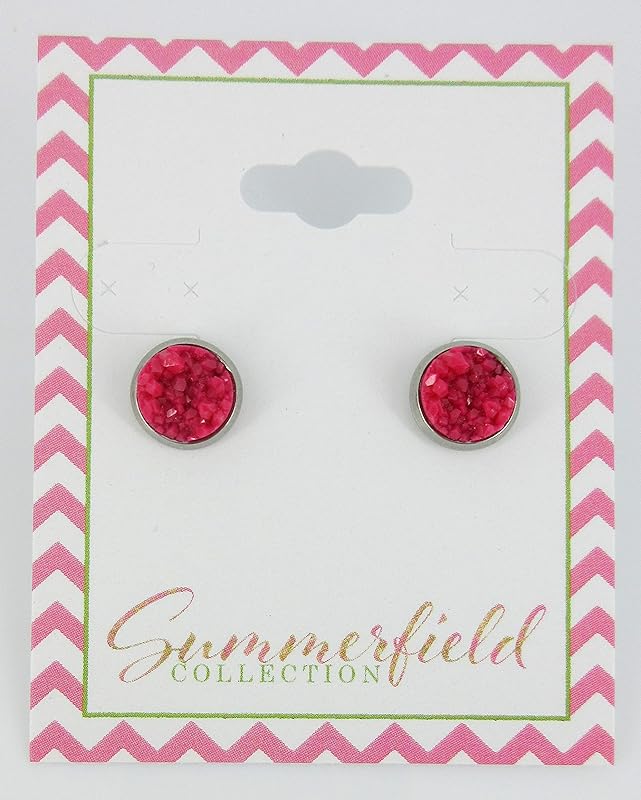 Summerfield Collection Stainless Steel Matte Faux Druzy Stone Stud Earrings 8mm (Magenta Pink)