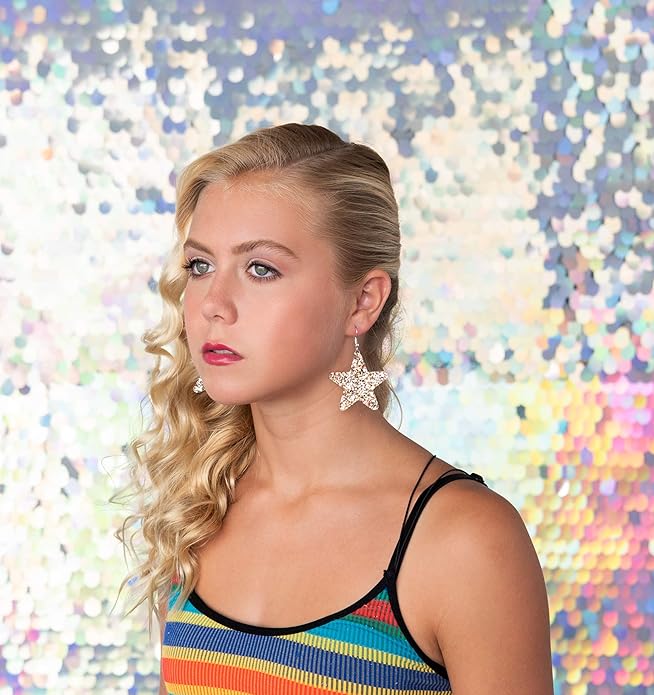 Glitter Faux Leather Large Star Dangle Earrings (Gold and Rainbow)