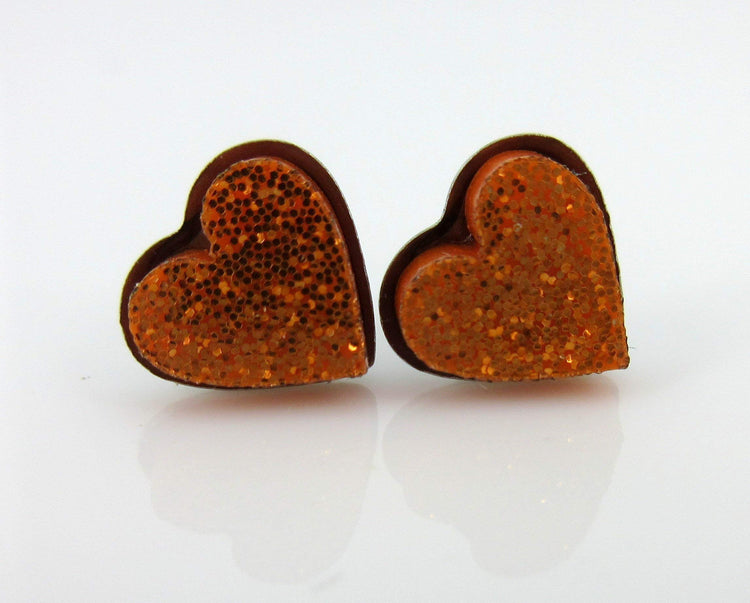Stainless Steel Orange Glitter Acrylic Heart Stud Earrings 8mm