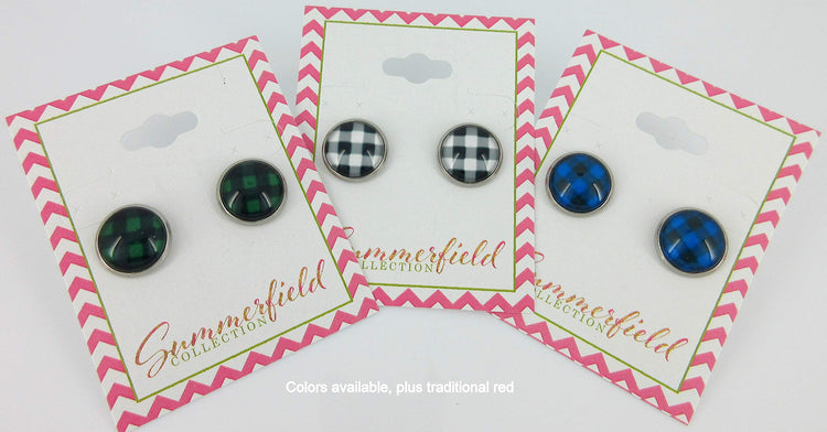 Stainless Steel Black and White Buffalo Plaid Print Glass Stud Earrings 12mm
