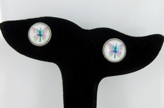 Stainless Steel Butterfly Ballet Dancer Printed Glass Stud Earrings 12mm