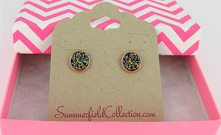 Summerfield Collection Rose Gold-tone Faux Druzy Stone Stud Earrings 8mm (Metallic Blue/Green)