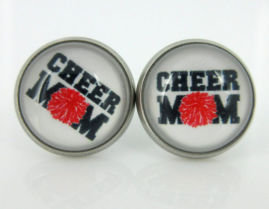 Stainless Steel Cheer Printed Glass Stud Earrings 12mm (Cheer Mom)