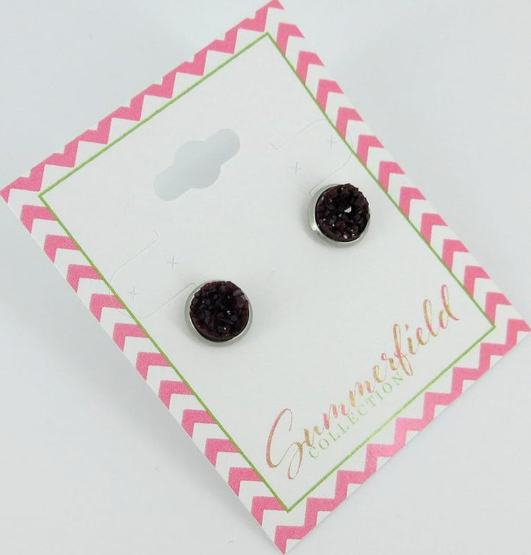 Summerfield Collection Stainless Steel Matte Faux Druzy Stone Stud Earrings 8mm (Black Cherry)
