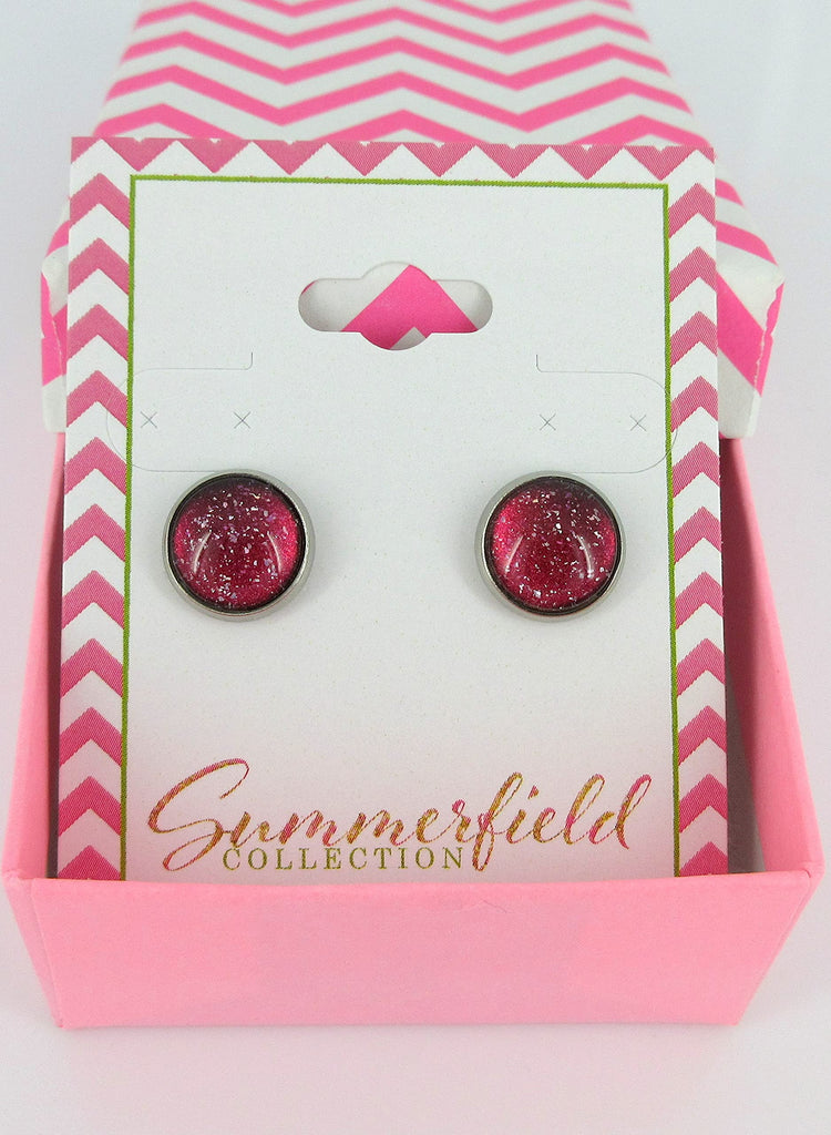 Stainless Steel Red Colorshifting to Orange Yellow and Green Glitter Glass Stud Earrings Hand-painted 10mm